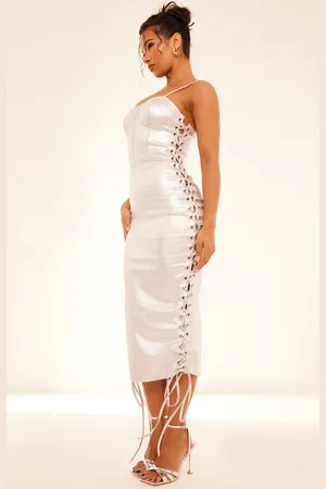 PRETTYLITTLETHING Metallic Corset Detail Lace Side Midi Dress