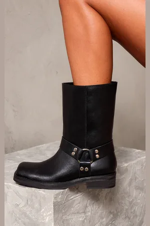 PRETTYLITTLETHING PU Square Toe Buckle Detail Ankle Boots