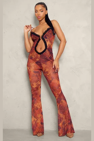 PRETTYLITTLETHING Paisley Print Mesh Cut Out Frill Detail Jumpsuit