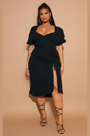 PRETTYLITTLETHING Plus Puff Sleeve Ruched Split Side Midi Dress
