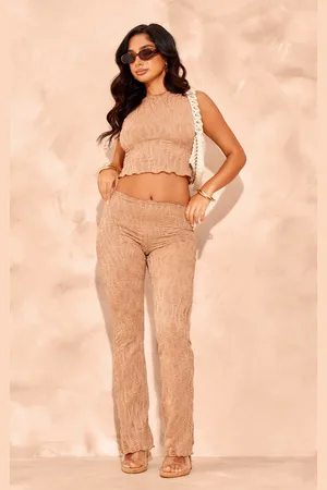 PRETTYLITTLETHING Petite Textured Straight Leg Pants