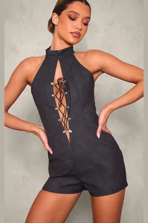 PRETTYLITTLETHING Faux Leather Lace Up Halterneck Playsuit