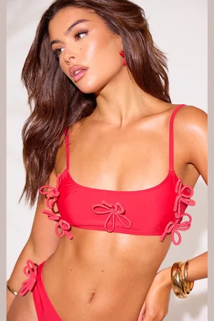 PRETTYLITTLETHING Flower Applique Scoop Bikini Top
