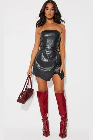 PRETTYLITTLETHING Petite Faux Leather Bandeau Belt Detail Playsuit