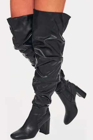 PRETTYLITTLETHING Pu Round Toe Ruched Over The Knee Block Heeled Boots