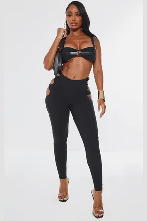 PRETTYLITTLETHING Shape Stretch Woven Cut Out Waist Buckle Pants