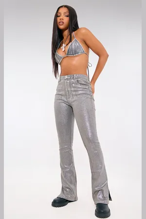 PRETTYLITTLETHING Metallic Foil Effect Flared Jeans