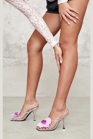 PRETTYLITTLETHING PU Pink Flower Strappy Sling Back Heeled Sandals