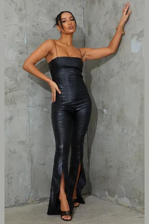 PRETTYLITTLETHING PU Strappy Split Hem Flared Jumpsuit