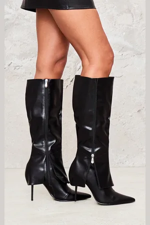 PRETTYLITTLETHING PU Point Toe Fold Over Zip Detail High Stiletto Heeled Boots