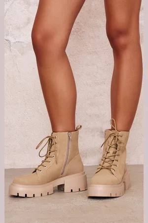 PRETTYLITTLETHING PU Round Toe Lace Up Chunky Ankle Boots