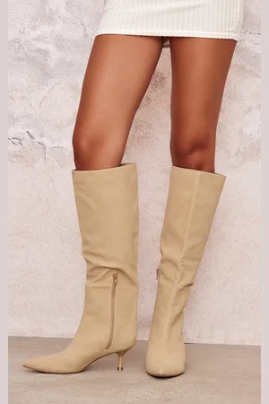 PRETTYLITTLETHING Faux Nubuck Point Toe Low Heel Knee High Boots