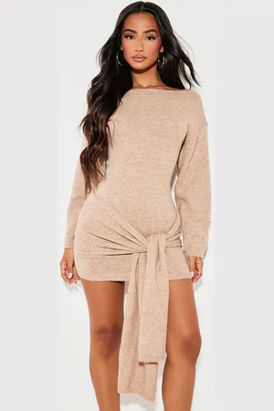 PRETTYLITTLETHING Petite Knit Slouchy Mini Dress With Tie Wrap Around