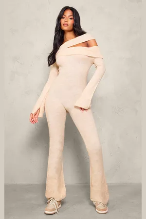 PRETTYLITTLETHING Tall Soft Knit Bardot Foldover Asymmetric Neck Jumpsuit