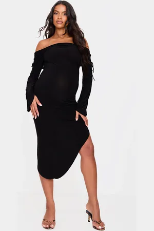 PRETTYLITTLETHING Maternity Slinky Bardot Ruched Asymmetric Hem Midi Dress