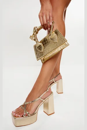 PRETTYLITTLETHING Croc PU Square Toe Cross Strap Platform Heeled Sandals