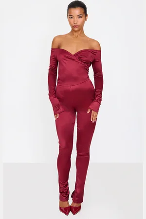 PRETTYLITTLETHING Stretch Satin Cross Front Bardot Split Hem Jumpsuit