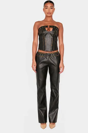 PRETTYLITTLETHING Washed Faux Leather Belted Straight Leg Pant