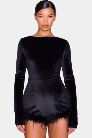 PRETTYLITTLETHING Velvet Long Sleeve Feather Trim Playsuit