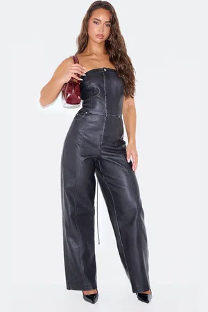 PRETTYLITTLETHING Faux Leather Bandeau Lace Back Straight Leg Jumpsuit