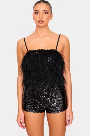 PRETTYLITTLETHING Feather Detail Strappy Sequin Playsuit
