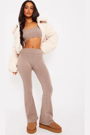 PRETTYLITTLETHING Petite Knitted Fold Over Waist Flared Pants