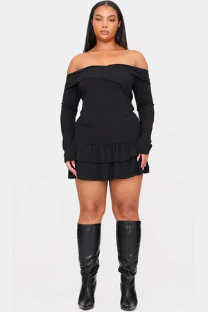 PRETTYLITTLETHING Plus Ribbed Bardot Cross Over Bust Detail Shift Dress
