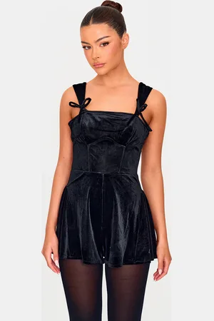PRETTYLITTLETHING Velvet Strappy Bow Detail Playsuit