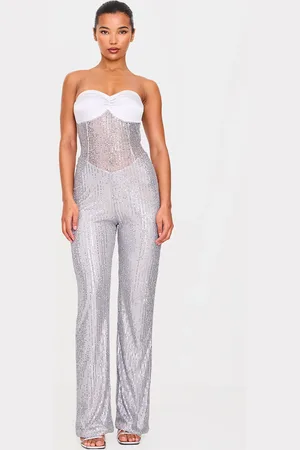 PRETTYLITTLETHING Sequin Bandeau Sheer Panel Jumpsuit