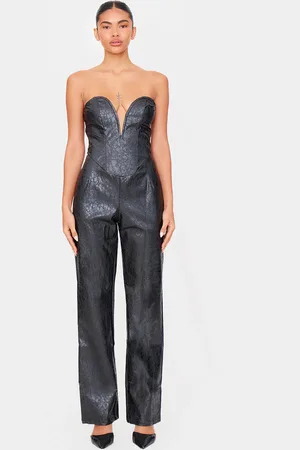 PRETTYLITTLETHING Croc Faux Leather Bandeau Plunge Straight Leg Jumpsuit