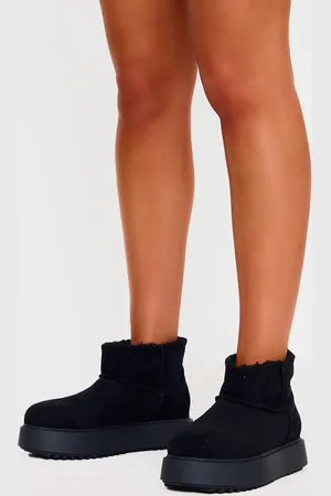 PRETTYLITTLETHING Faux Suede Round Toe Thick Flat Sole Ankle Boots