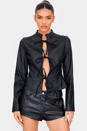 PRETTYLITTLETHING Faux Leather Tie Front Fitted Blouse