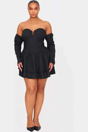 PRETTYLITTLETHING Plus Pinstripe Cup Detail Bardot Shift Dress