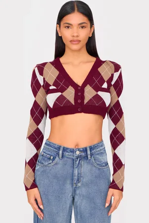 PRETTYLITTLETHING Argyle Jacquard Knitted V Neck Cropped Cardigan