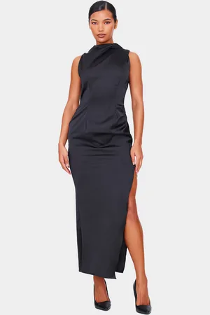 PRETTYLITTLETHING Satin High Neck Ruched Back Detail Midi Dress