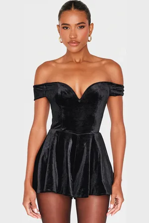 PRETTYLITTLETHING Velvet Bardot Sweetheart Neckline Floaty Playsuit