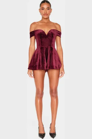 PRETTYLITTLETHING Velvet Bardot Sweetheart Neckline Floaty Playsuit