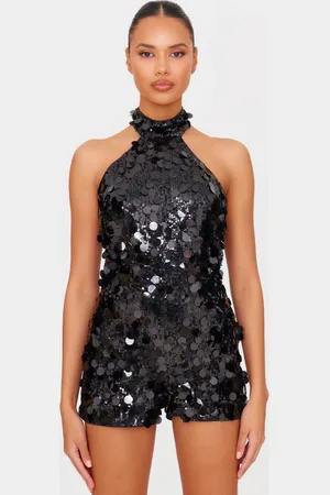 PRETTYLITTLETHING Oversized Sequin High Neck Backless Playsuit