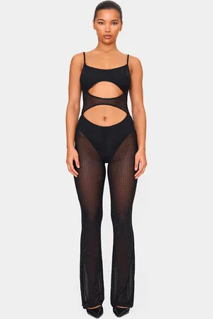 PRETTYLITTLETHING Diamante Hot Fix Mesh Cut Out Strappy Jumpsuit