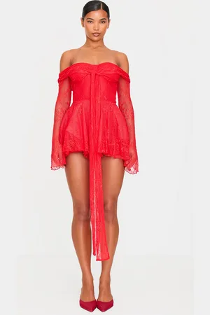 PRETTYLITTLETHING Lace Bardot Tie Front Playsuit