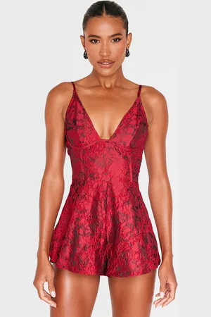 PRETTYLITTLETHING Satin Jacquard Corset Detail Floaty Playsuit