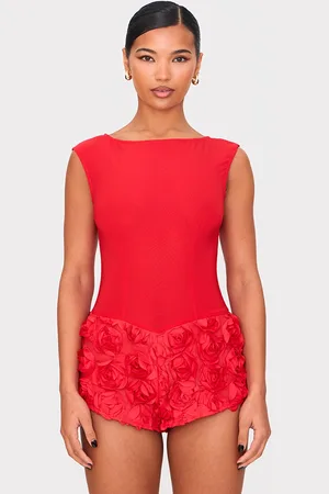 PRETTYLITTLETHING Woven Rose Applique Boat Neck Playsuit