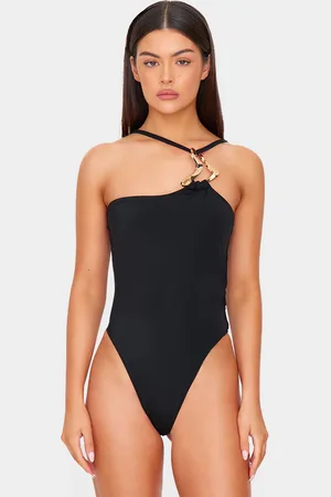 PRETTYLITTLETHING Gold Trim Asymmetric Swimsuit