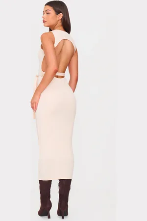 PRETTYLITTLETHING Rib Cut Out Back Detail Tie Waist Midaxi Dress