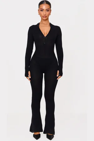 PRETTYLITTLETHING Petite Knitted Flared Zip Up Jumpsuit