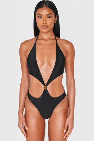 PRETTYLITTLETHING Extreme Cut Out Gold Trim Halter Tie Swimsuit