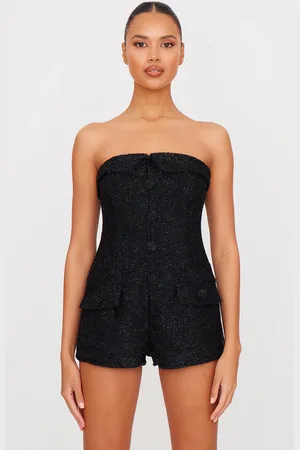 PRETTYLITTLETHING Tweed Bandeau Button Detail Playsuit