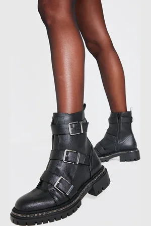 PRETTYLITTLETHING Pu Round Toe Buckle Diamante Trim Chunky Ankle Boots