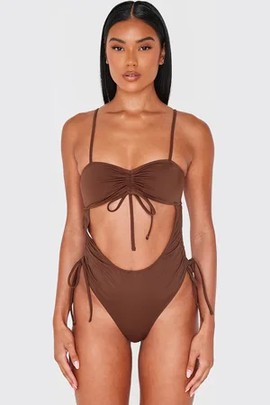 PRETTYLITTLETHING Ruched Cut Out Halter Tie Swimsuit