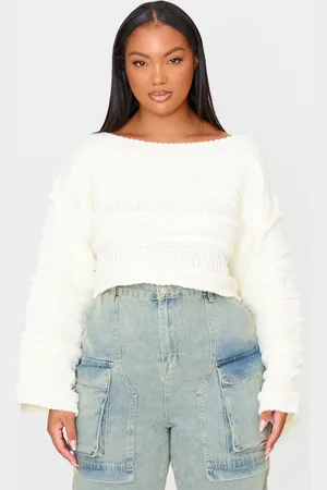 PRETTYLITTLETHING Plus Chunky Raised Contrast Knit Cropped Wide Neck Jumper